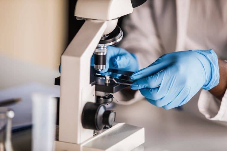 A laboratory technician, putting a slide under a microscope